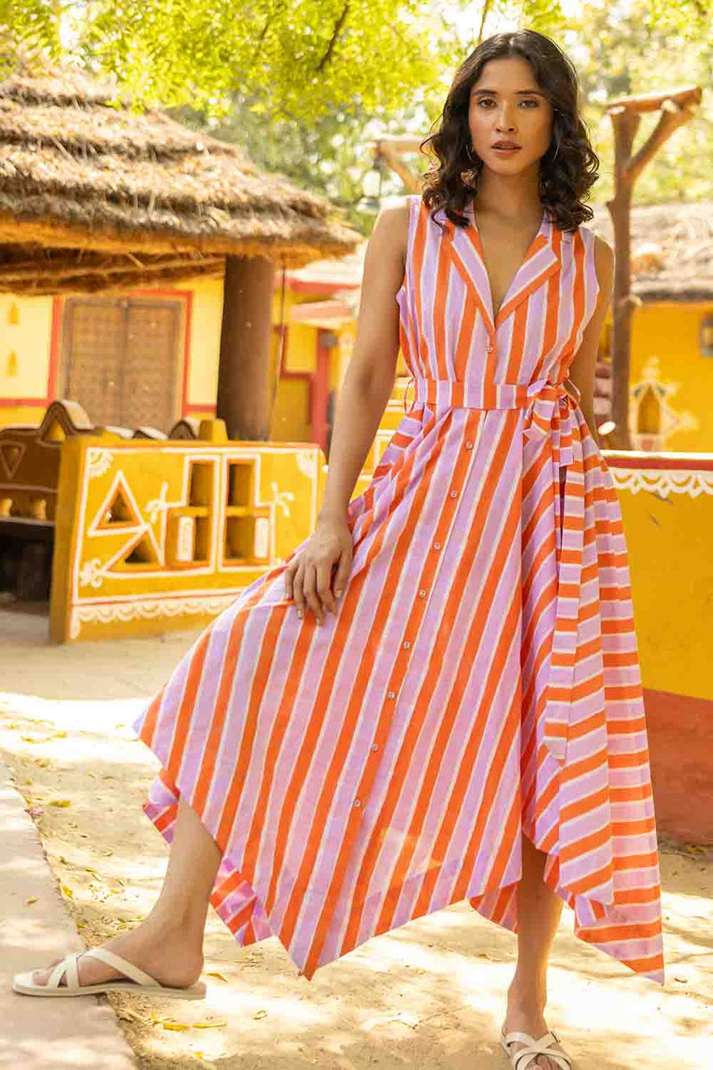 Saffron Purpl Striped Asymmetric Cotton Dress  Flared & Fashion-Forwa   Terhataali
